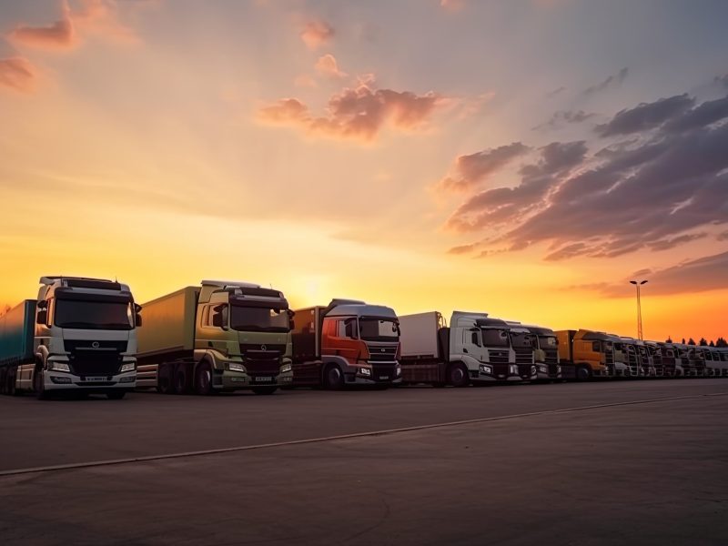 many transport trucks parked at a service station at sunset.